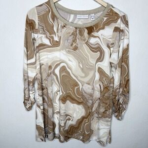 Susan Graver Liquid Knit Printed A-line Tunic Top Rib Neck Womens Medium‎ Petite